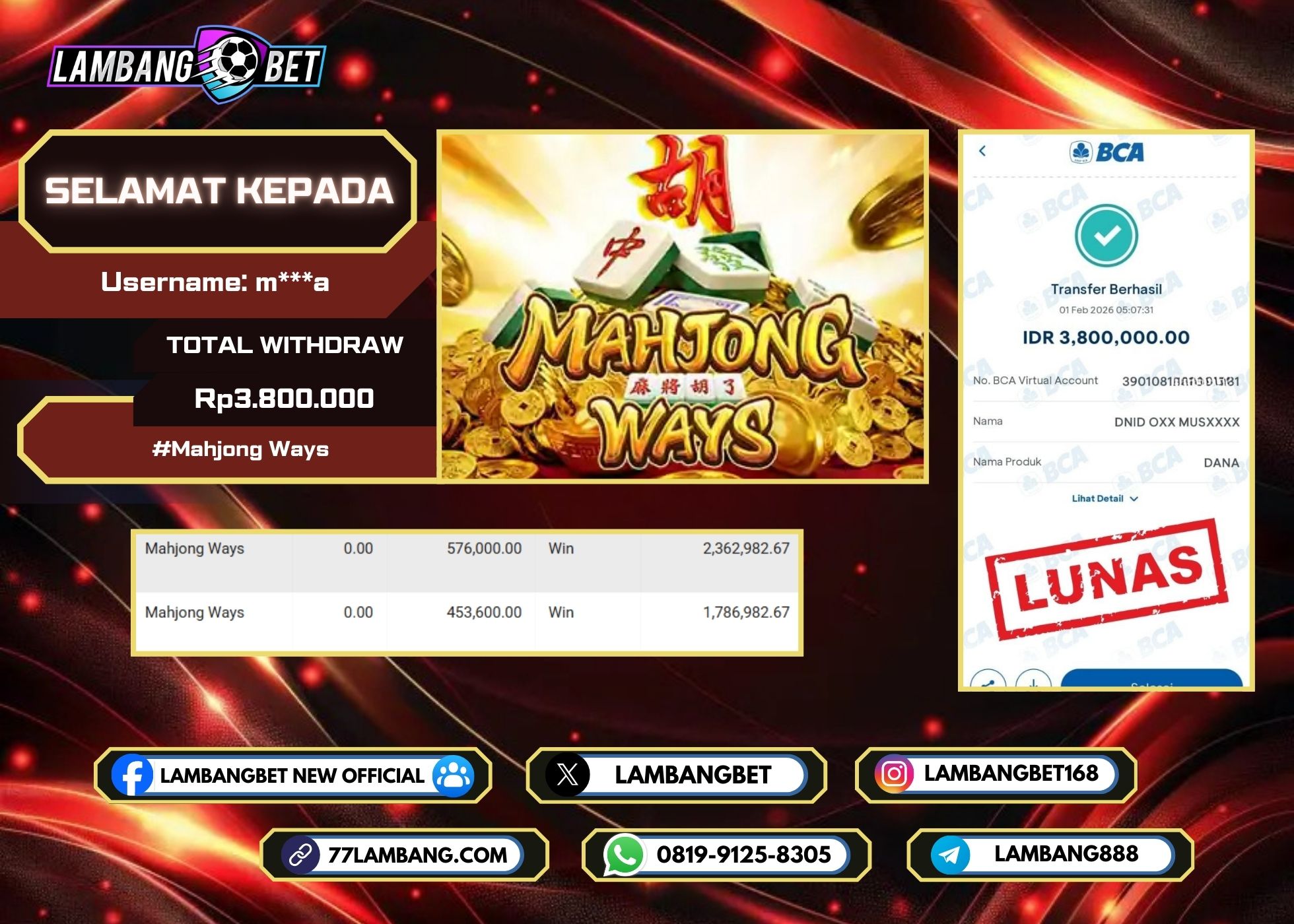 LAMBANGBET [1 FEBRUARI 2025] JACKPOT SLOT Mahjong Ways "Rp3.800.000" LUNAS